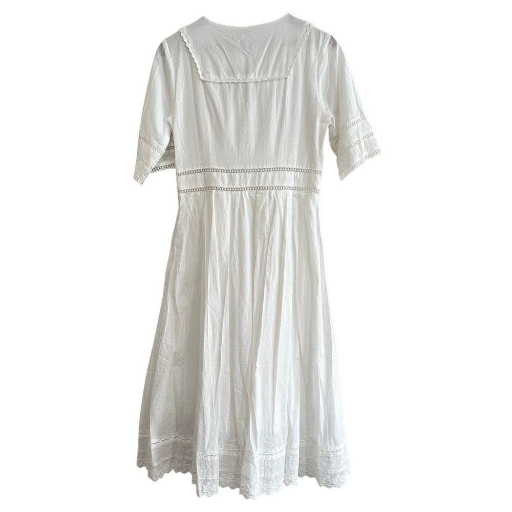 Simple Retro Fiona V Neck White Cotton Eyelet Lace Sailor Collar Midi Dress NWT - Picture 5 of 13